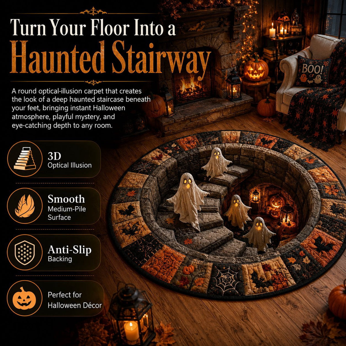 Halloween Doormat Round Optical Illusion Staircase Rug Secure-Grip Soft Floor Carpet for Living Room Bedroom Entryway Halloween Decor by OVFUIZ