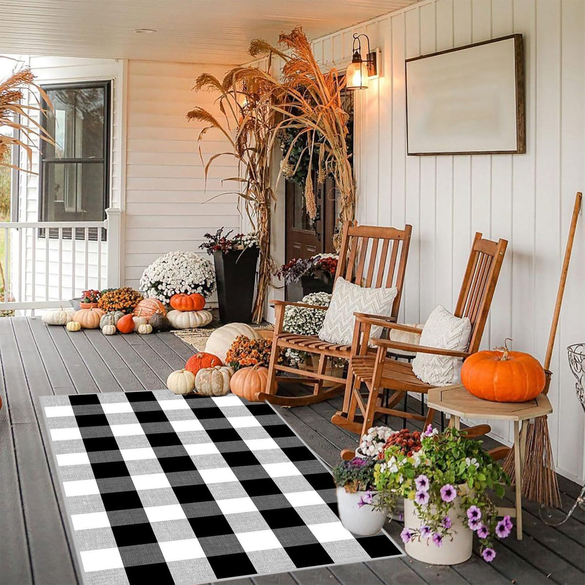 Orange Plaid Fall Outdoor Mat, Hand-Woven Porch Rug for Thanksgiving Halloween Door Decor
