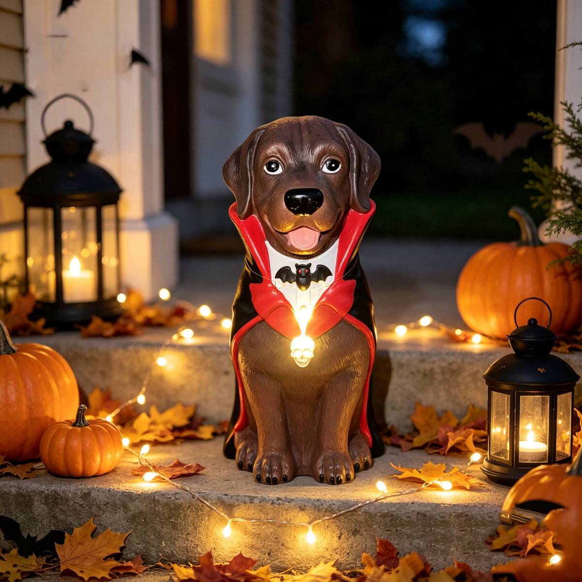 Gray Frenchie in Shark Costume Blow Mold, Halloween French Bulldog Statue with Light Up Pumpkin Decor, Cute Resin Outdoor Indoor Tabletop Dog Ornament, Entryway Patio Yard Decoration, 8"