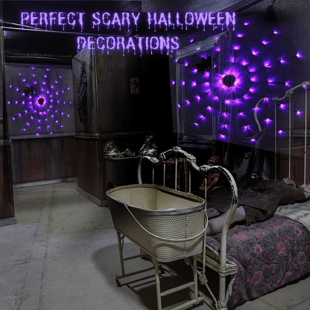 Halloween Decorations Spider Web Lights,4FT Diameter 70 LED with Black Spider, Waterproof Net Lights, Remote Control, 8 Modes Cobweb Halloween Decorations for House Garden Indoor Outdoor (Purple)