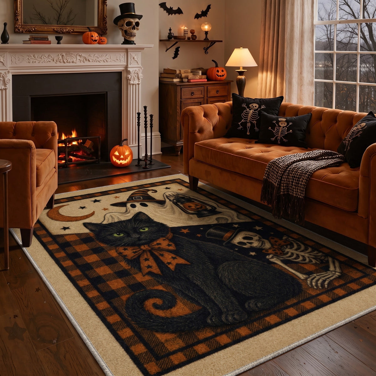 GENIMO 2'x7' Halloween Runner Rug, Washable Non Slip Soft Gothic Raven Indoor Outdoor Hallway Runner for Porch Patio Kitchen Entryway, Rust Orange