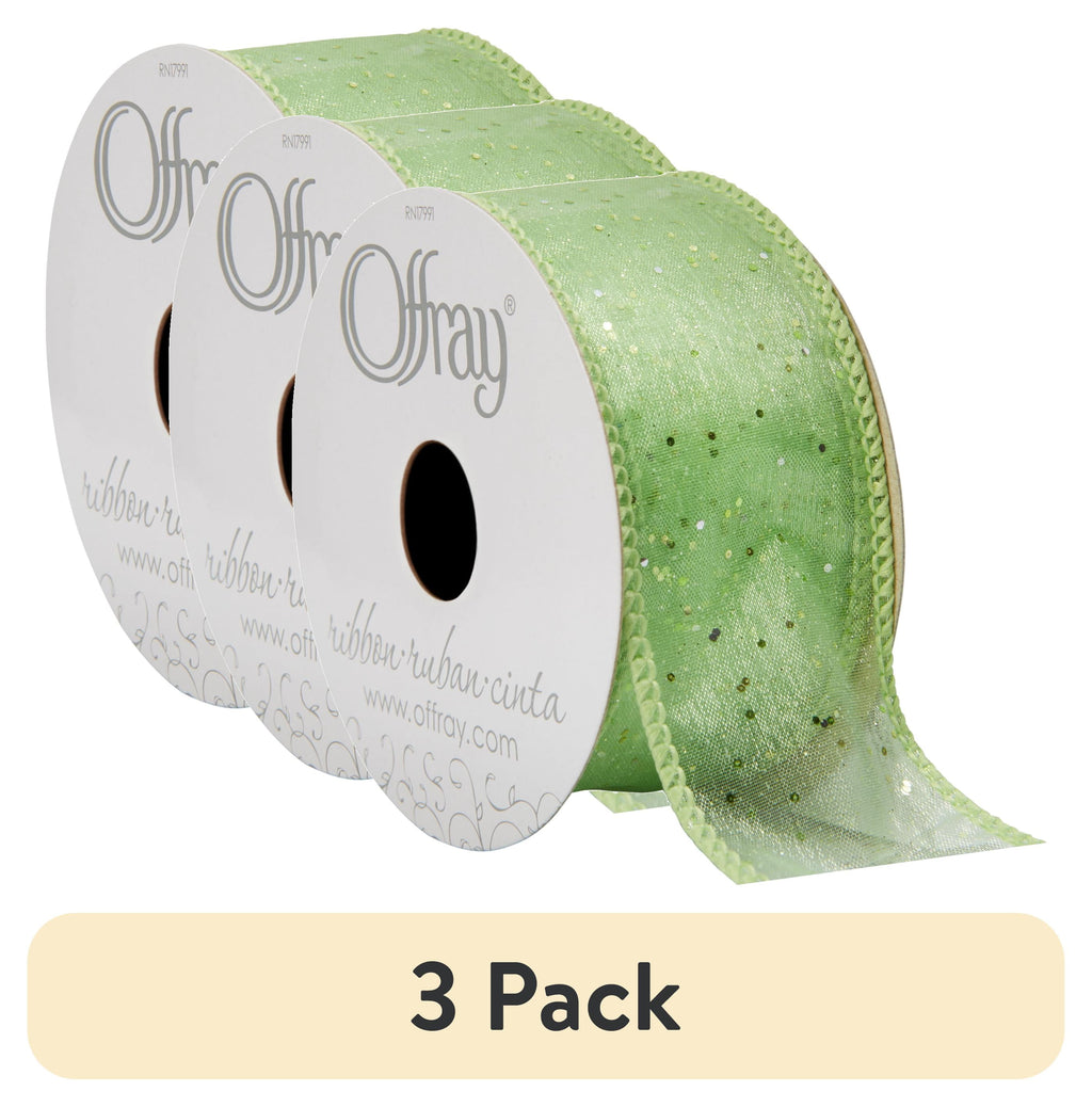 (3 pack) Offray Ribbon, Citrus Green 1 1/2 inch Wired Edge Sheer Polyester Ribbon, 9 feet