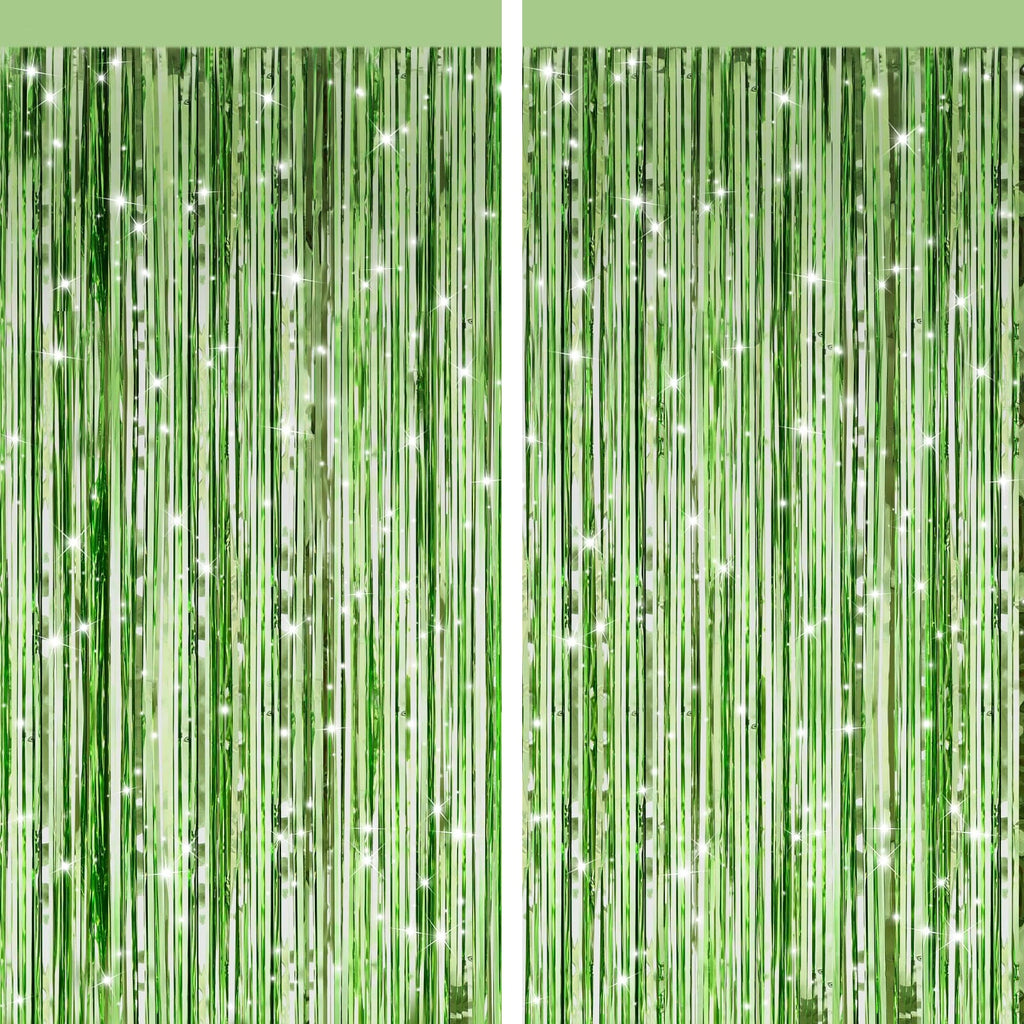 Light Green Metallic Tinsel Foil Fringe Curtains, 4 Pack 3.3x6.6 Feet Party Streamer for Birthday Bachelorette Party Decorations