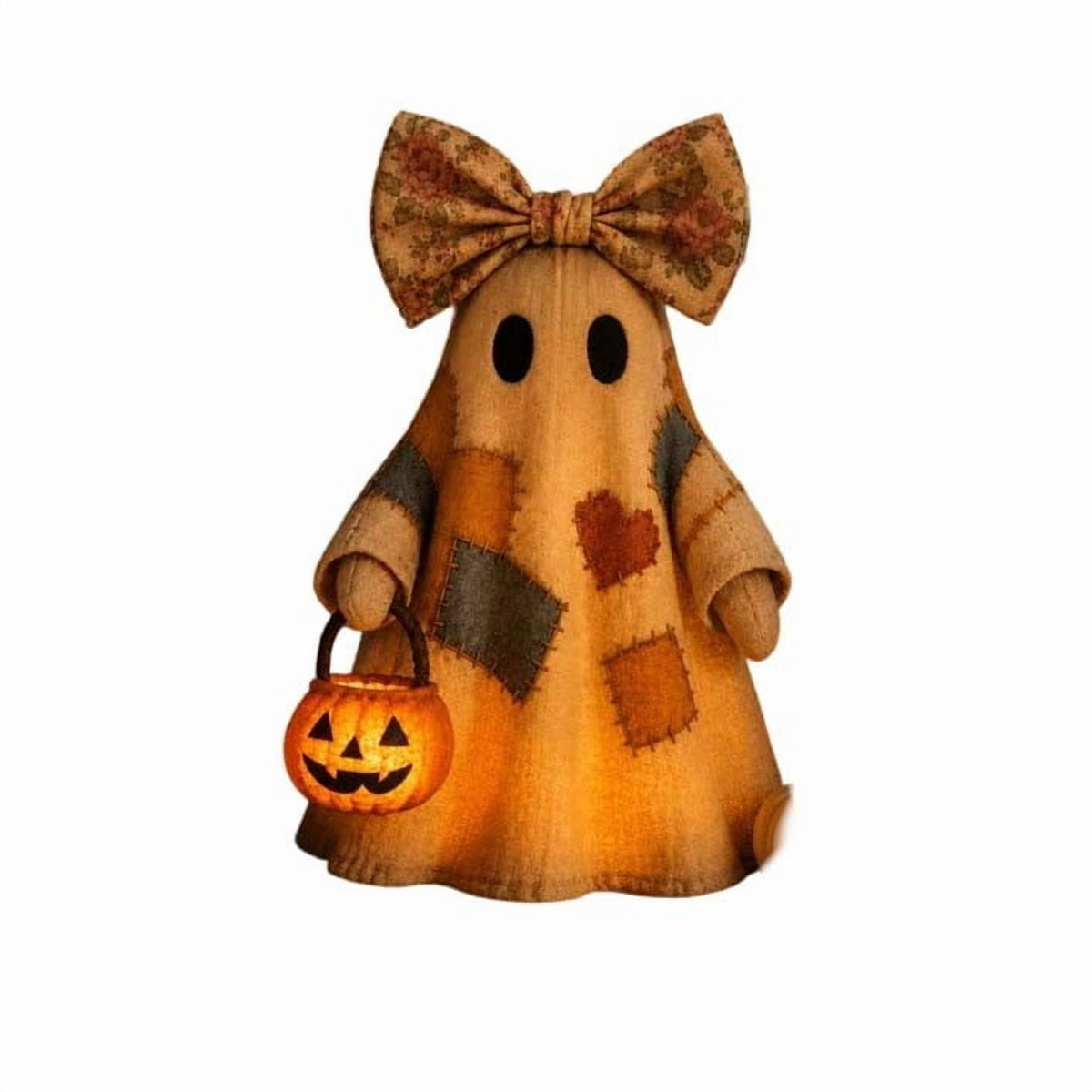 Lighted Vintage Patchwork Ghost, Rustic Farmhouse Halloween LED Light Up Ghost with Pumpkin Lantern, Spooky Cute Fall Decor for Mantel, Shelf, Tiered Tray, Entryway Porch Tabletop