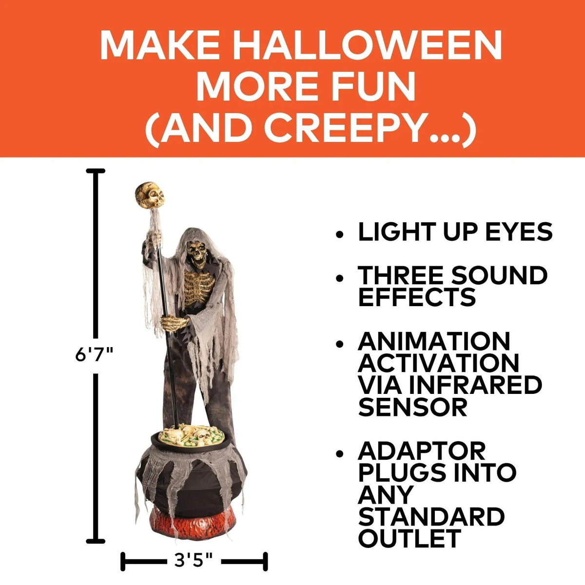 6 Ft. 7" Animated Light-Up Skeleton Stirring Cauldron Halloween Decoration