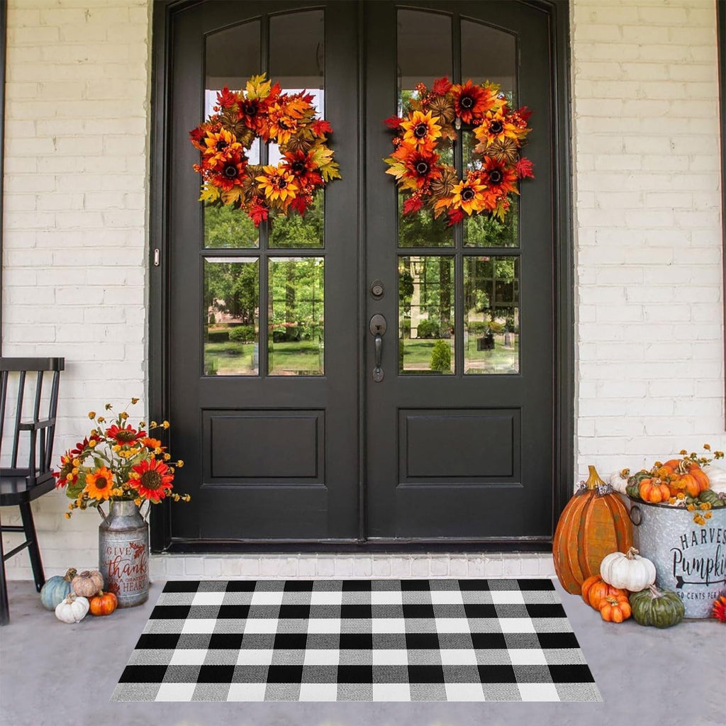 Fall Outdoor Rug Orange Plaid Doormat Autumn Front Door Rug Farmhouse Entryway Porch Layered Carpet Seasonal Halloween Thanksgiving Decorative Floor Mat Indoor Outdoor Home Entrance Decor