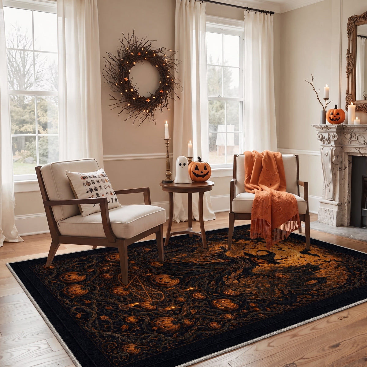 GENIMO 2'x7' Halloween Runner Rug, Washable Non Slip Soft Gothic Raven Indoor Outdoor Hallway Runner for Porch Patio Kitchen Entryway, Rust Orange