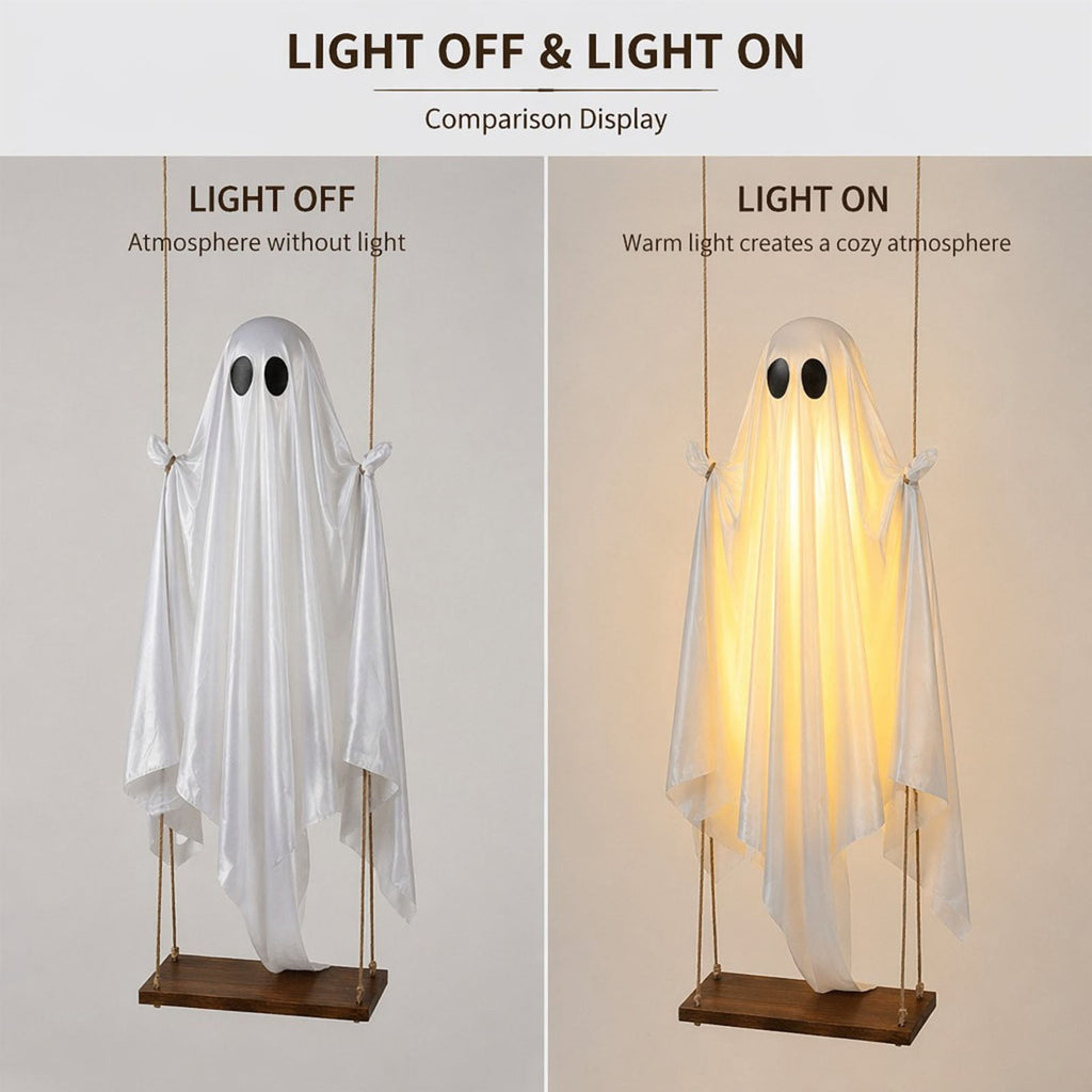 Clearance! Lighted Swing Ghost with Wooden Board, 45" Halloween Decorations Outdoor, Spooky Cute Ghosts Decorations for Front Porch Yard Tree