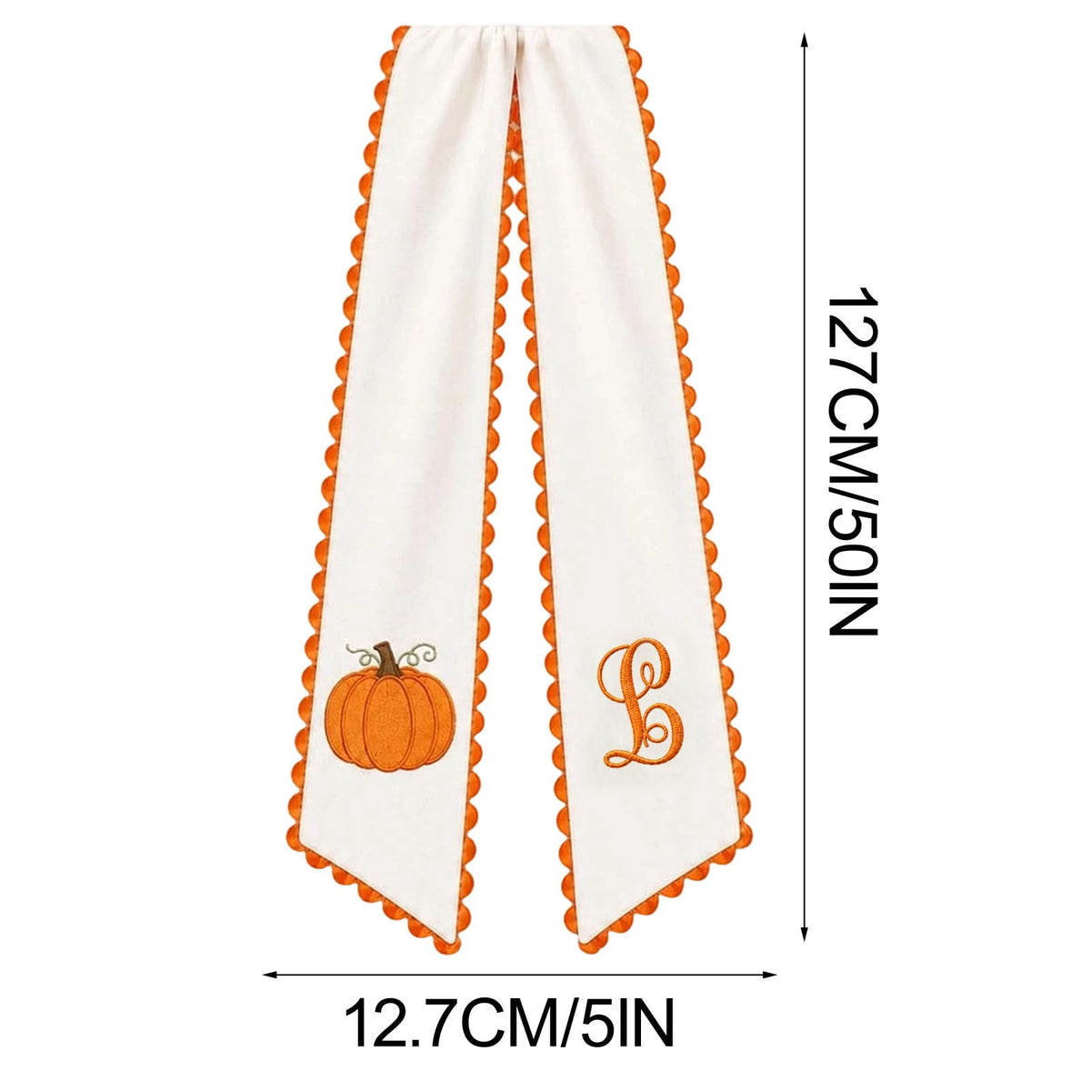 Pumpkin Embroidered Wreath Sash, 50 x 5 inch Orange Scalloped Lettered Ribbon for Halloween, Thanksgiving, Front Door, Seasonal Garland and Fall Home Decor, W
