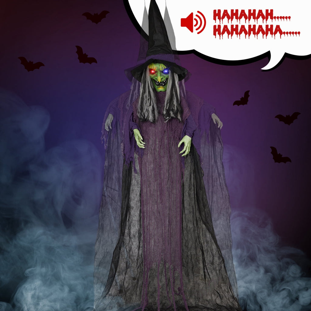 11.8ft Halloween Animatronics Hanging Witch Outdoor Decoration, Sound Animated Talking Witch with Light-up Eyes for Haunted House Prop Décor, Yard Lawn Decorations