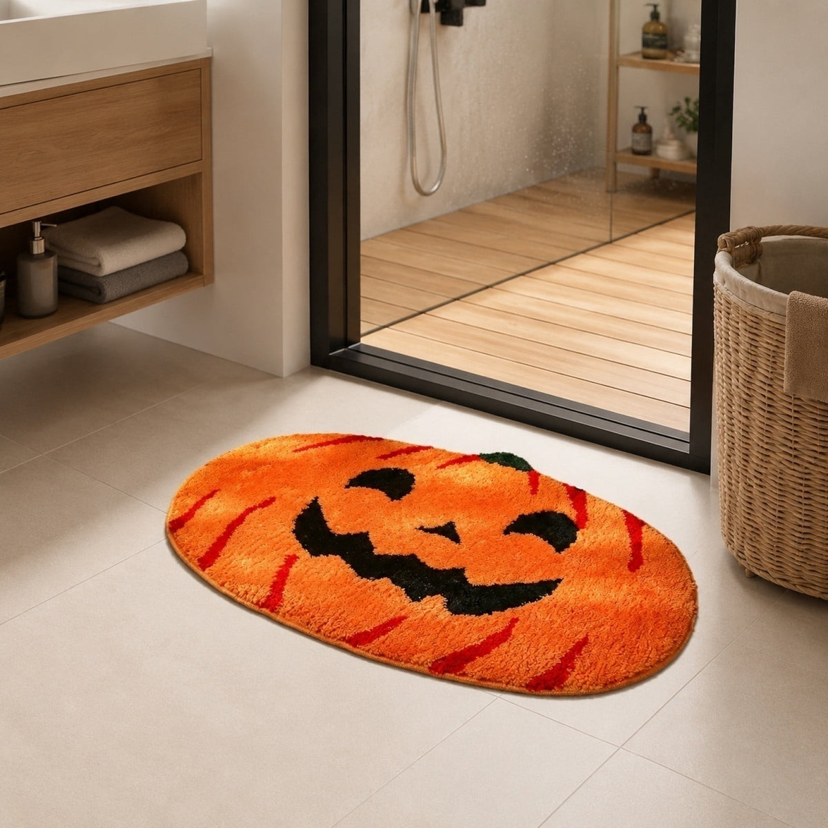Halloween Pumpkin Bath Mat, Halloween Bathroom Decor Rug, Soft Non Slip Absorbent Floor Mat for Bathroom, Bedroom & Entryway, Halloween and Fall Decor, Jack O Lantern Door Mat