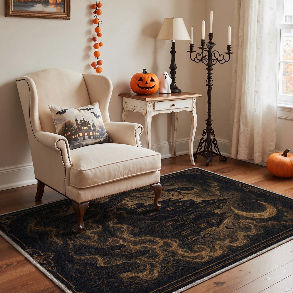GENIMO 2'x3' Halloween Doormat, Washable Non Slip Soft Gothic Castle Outdoor Door Mat for Front Door Covered Porch Patio Entryway, Antique Gold
