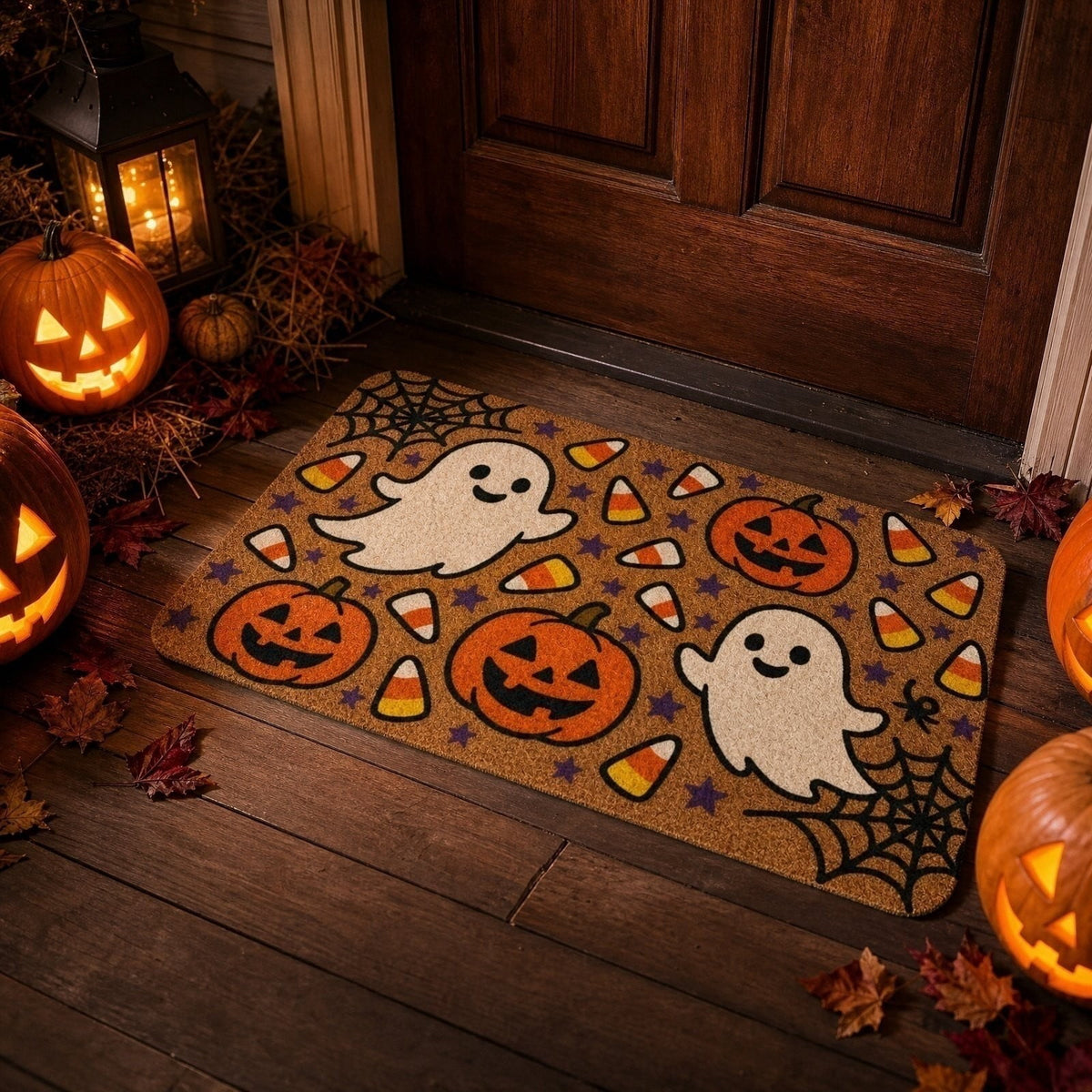 Beforeyayn Halloween Doormat, 23.6X15.7 Inch Funny Ghost and Pumpkin Entryway Mat, Absorbent Coir Doormat for Indoor Outdoor, Scary Spider Web Design for Home, Front Door, Patio Decor