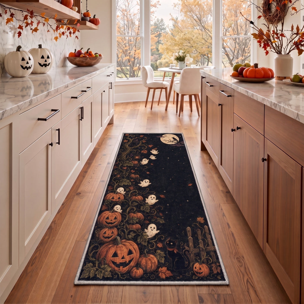 GENIMO 2'x7' Halloween Runner Rug, Washable Non Slip Soft Farmhouse Pumpkin Indoor Outdoor Hallway Runner for Porch Patio Kitchen Entryway, Vintage Sepia