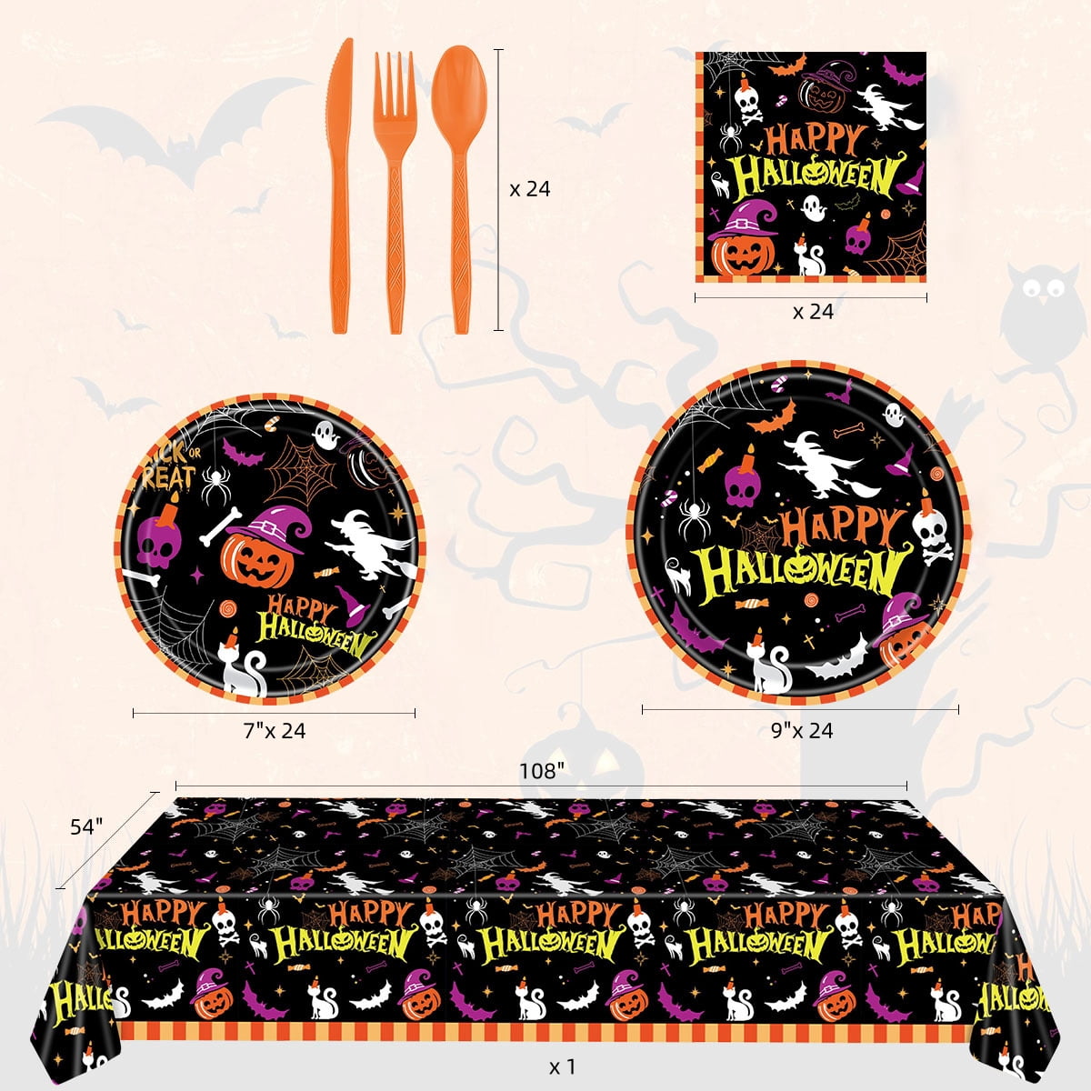Halloween Paper Plates for Halloween Party Decoration Disposable Cups Napkins Table Cover for Halloween Banner Birthday Party Supplies Serve 20 Design 3