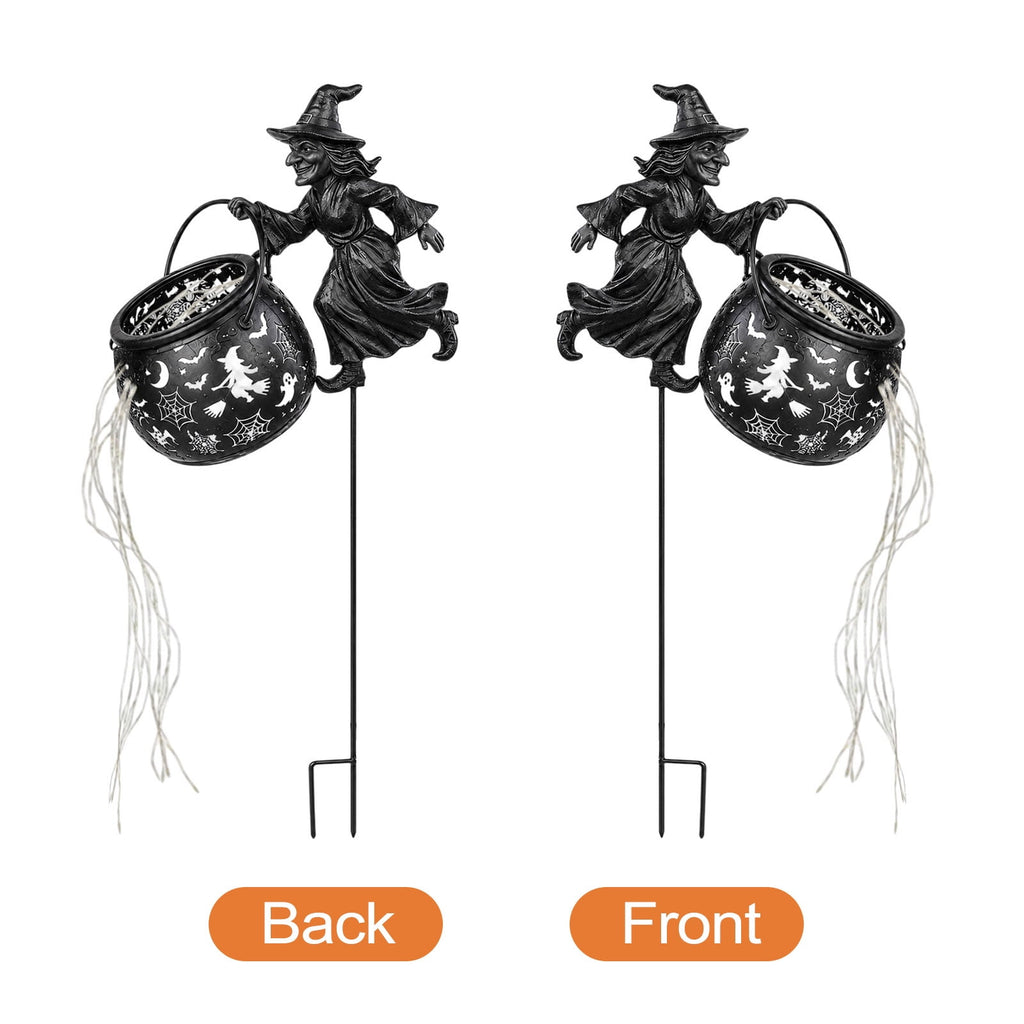 Halloween Witch Cauldron Garden Light, Solar Powered Halloween Projector Outdoor Decoration with Flying Witch and Lighted Cauldron, Witch Light Stake for Lawn Garden Porch Yard Decor, Style D