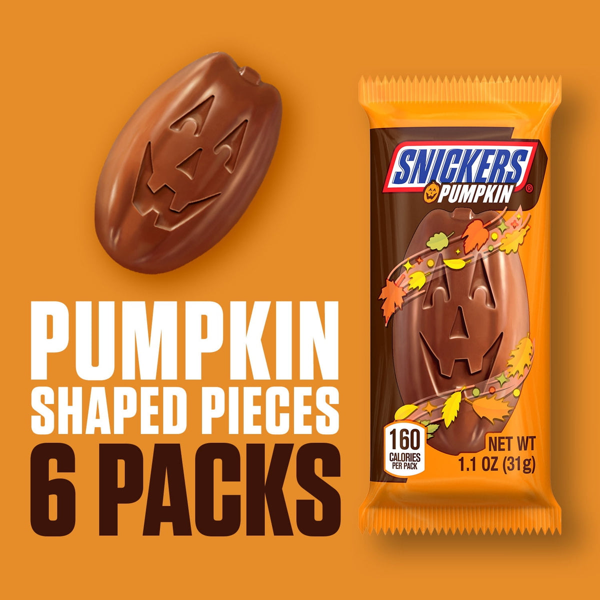 Snickers Pumpkin Milk Chocolate Halloween Candy Bulk Pack of 6 - 1.1 oz