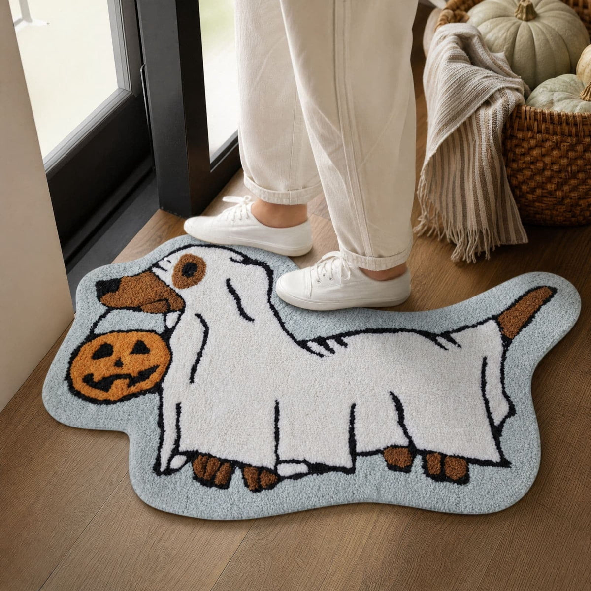 Halloween Dachshund Door Mat, 30"×18" Non-Slip Pumpkin Dachshund Floor Rug, Mat for Home Porch Fall Decor & Pet Lover Housewarming Gift