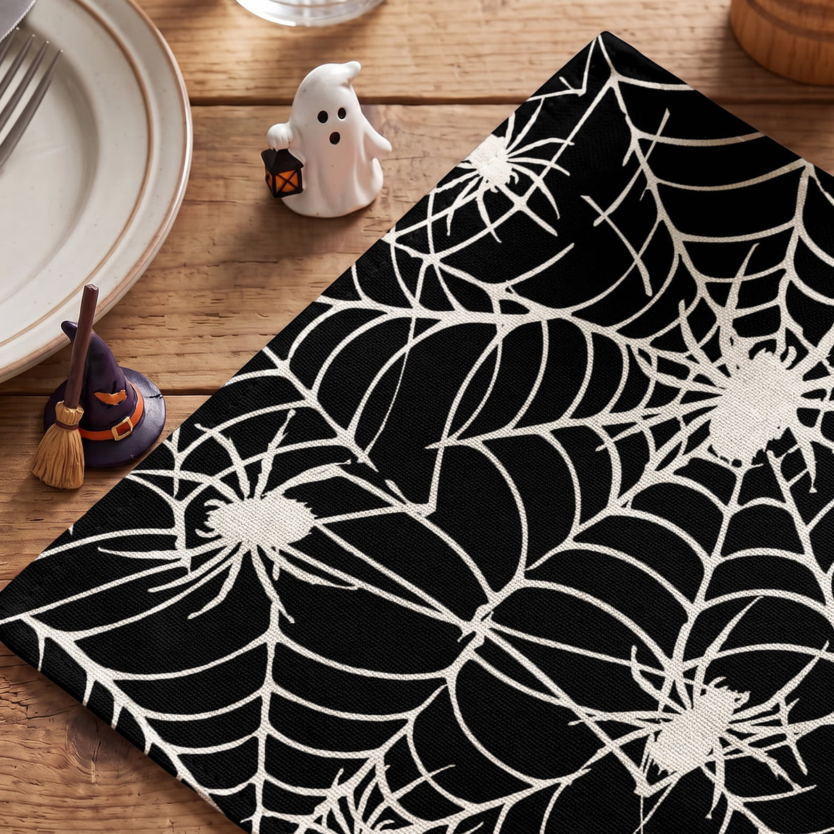 Smile Jack-O'-Lantern Spider Web Halloween Table Placemats Set of 4 Round 15 Inch Black