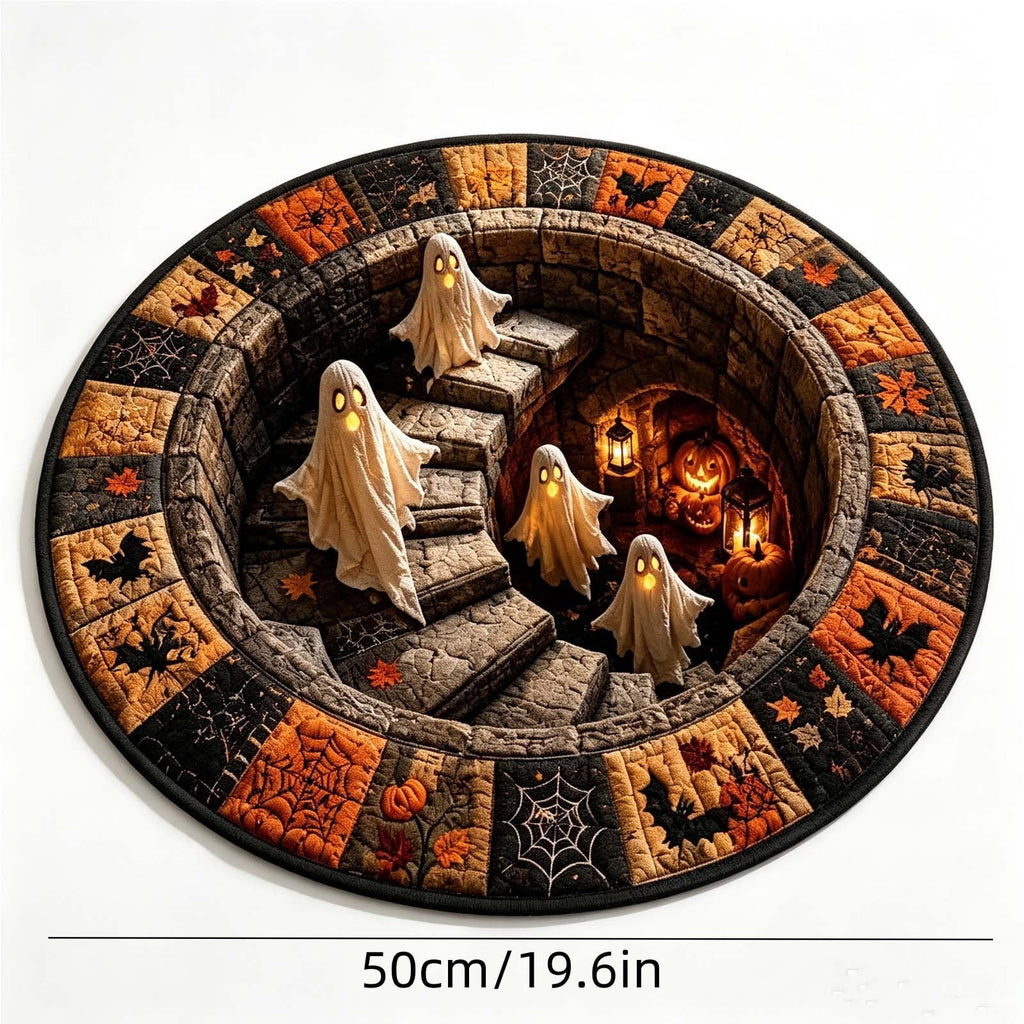 Halloween Staircase Optical Illusion Round Rug, Spooky 3D Floor Mat with Ghosts Pumpkins, Soft Non-Slip Carpet for Living Room Entryway – 4 Sizes