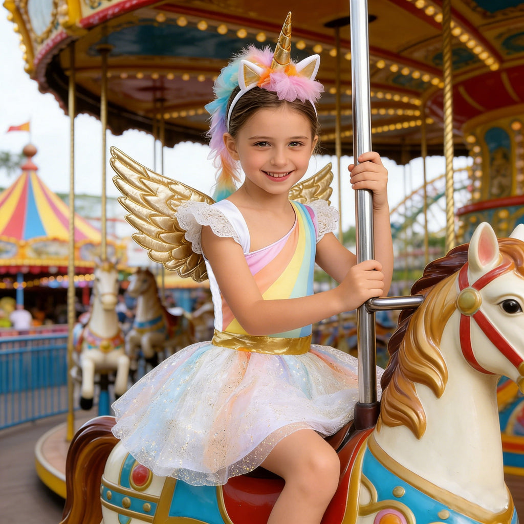 CZKHPTY Girls Rainbow Unicorn Tutu Costume Set with Headband & Wings, Kids Princess Dress Up Outfit, Sizes 9-10Y