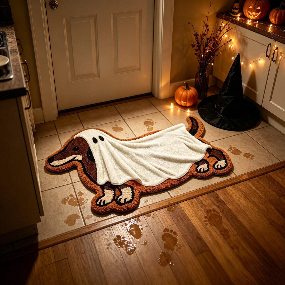 Halloween Dachshund Doormat, Ghost Dachshund Floor Mat, Cute Halloween Dog Rug, Non Slip Entryway Door Mat for Indoor Front Door Halloween Decorations