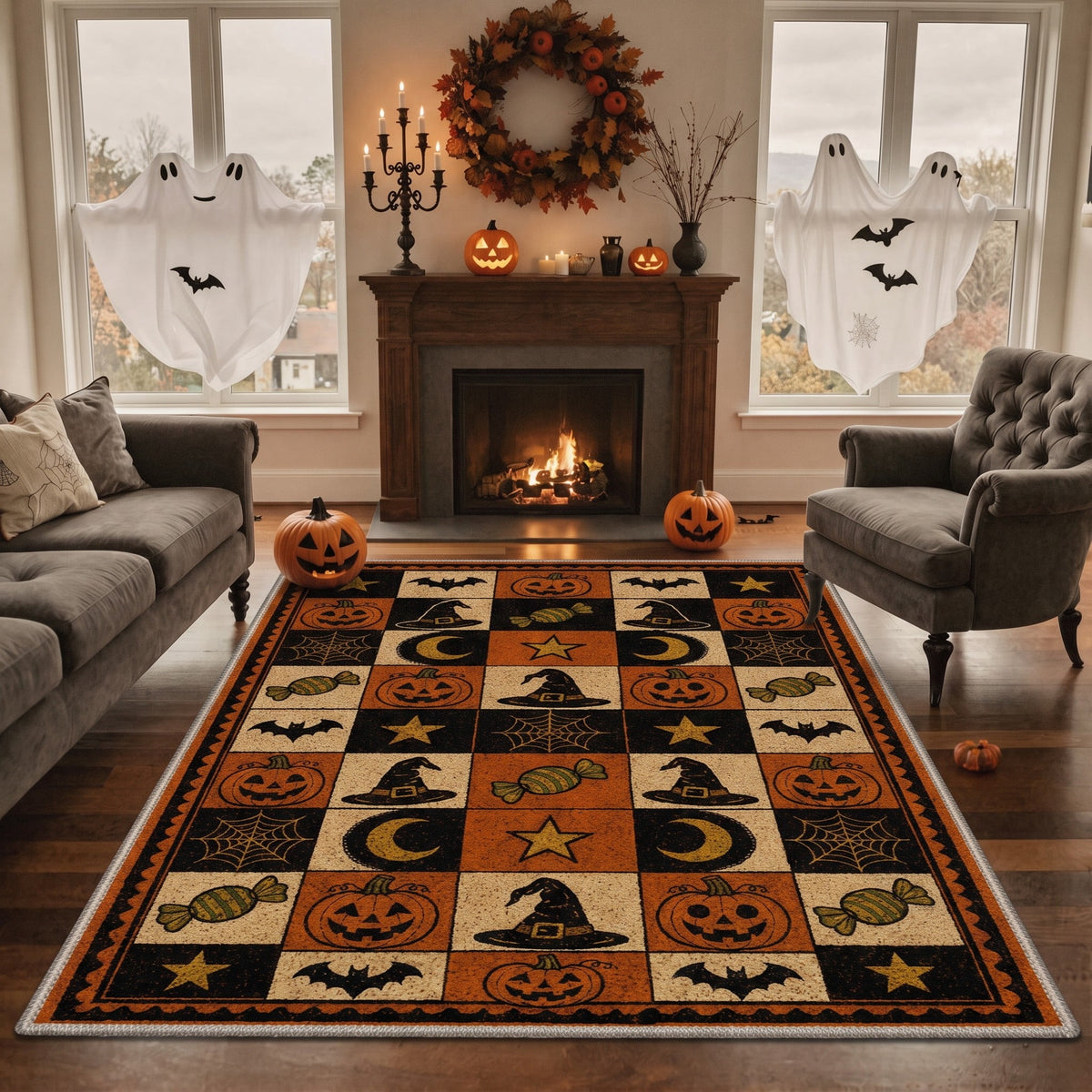 GENIMO 5'x7' Halloween Area Rug for Living Room, Washable Non Slip Soft Vintage Witch Indoor Rug for Bedroom Dining Room Home Office, Retro Sepia