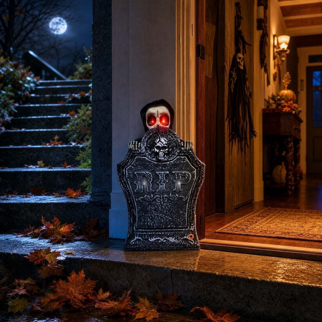 Roiihwy Halloween Animated Tombstone With Voice Activated Rising Skeleton And Pumpkin, A