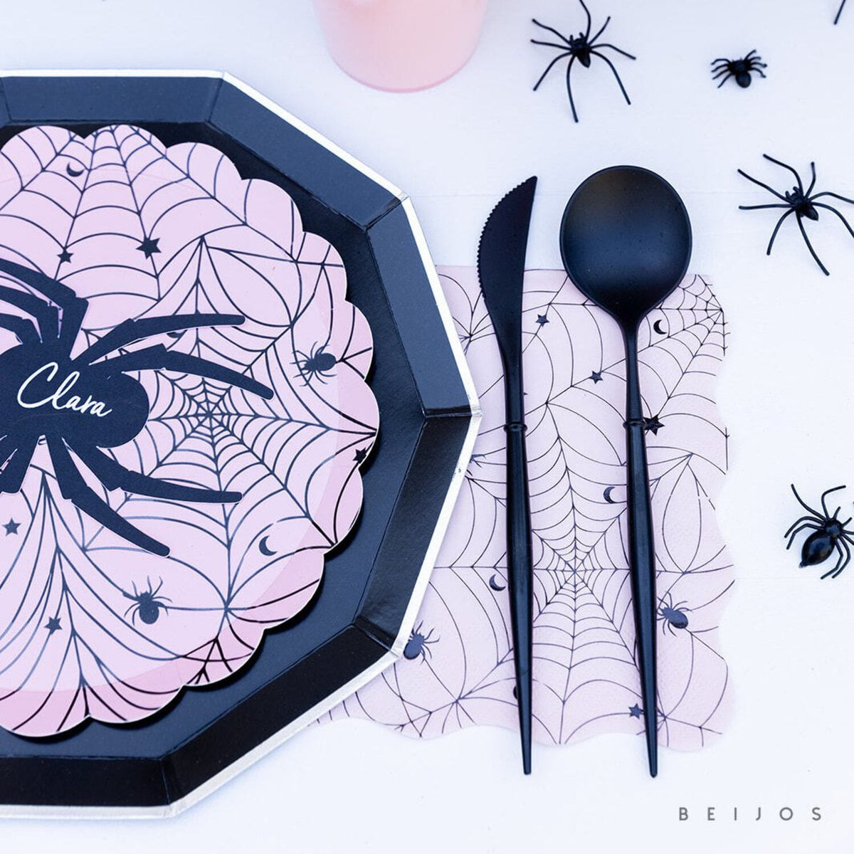 Bonjour Fête Cupids Pink Spider Web Small Paper Plates, Disposable Party Supplies, 8 Count, 8.5 Inch, Halloween