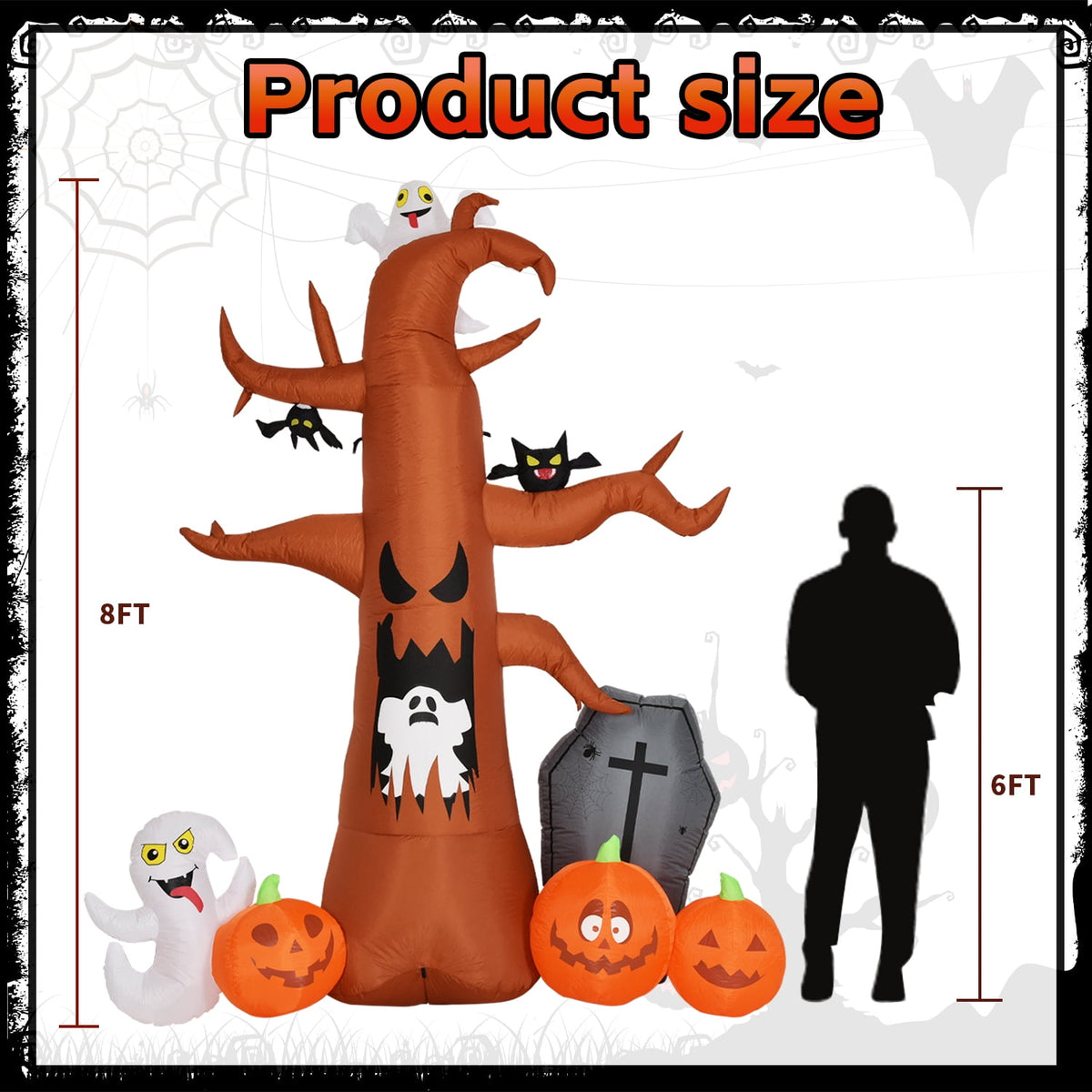 Coolmade 8 ft Halloween Inflatable Dead Tree with Ghost Pumpkins Tombstone Bat Built‑in LED Lights Outdoor Yard Decor`