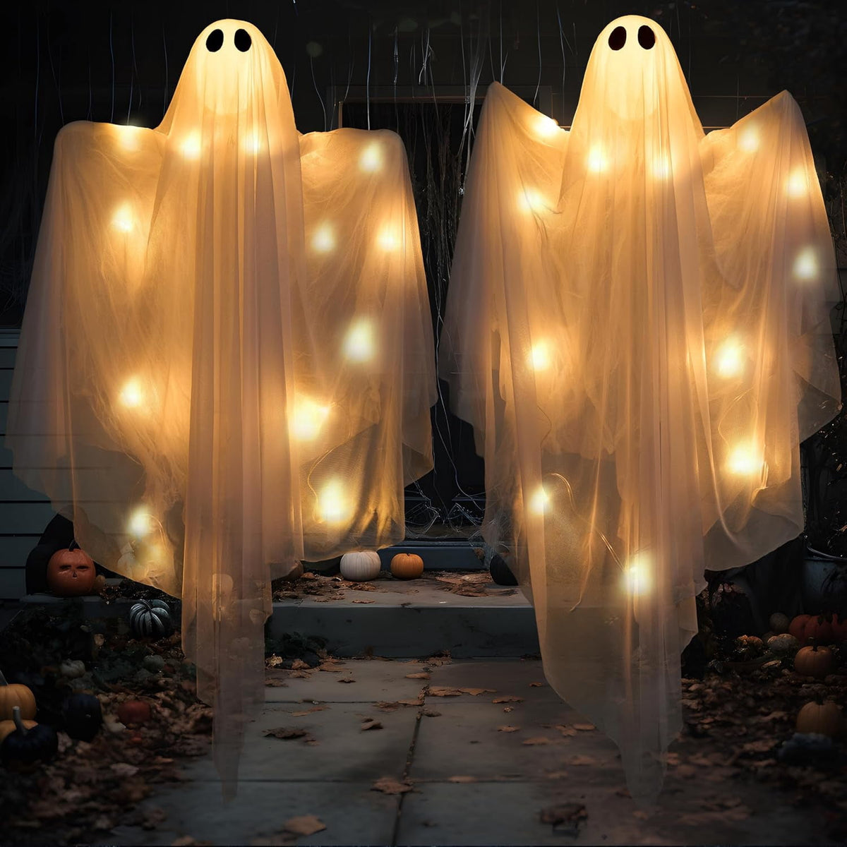 Joyfy 47inch Halloween Decorations Outdoor Hanging Ghost,Light up White Ghosts with Spooky Warm White LED Light,Halloween Outdoor Yard Porch Decorations,Haunted House Decorations
