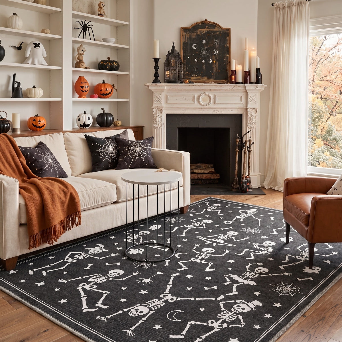 GENIMO 2'x7' Halloween Runner Rug, Washable Non Slip Soft Whimsical Skeleton Indoor Outdoor Hallway Runner for Porch Patio Kitchen Entryway, Charcoal Black