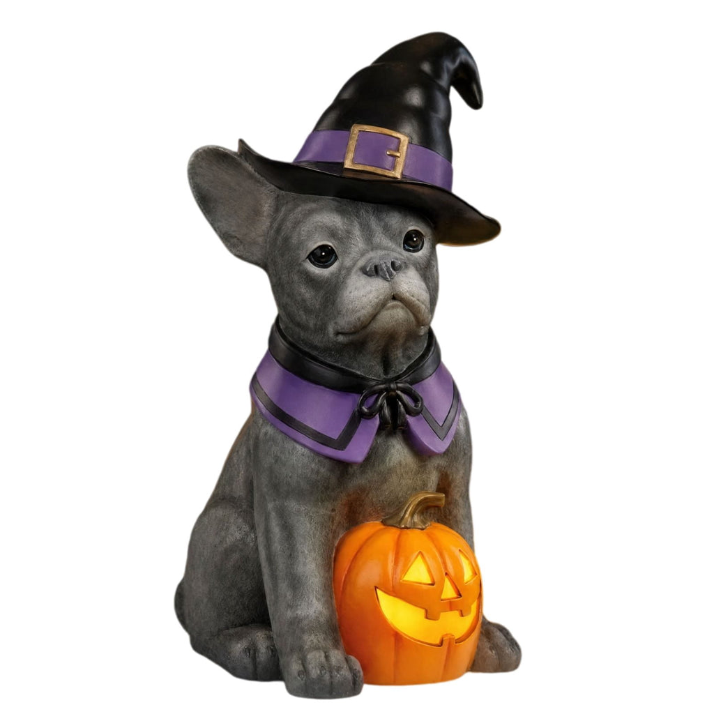 Halloween Dog Greeter - Frenchie 7.9in Resin Witch Dog with Light-Up Pumpkin, Spooky Fall Decor, Indoor Outdoor Tabletop Decoration