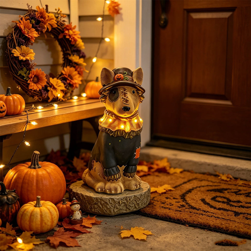 Gray Frenchie in Shark Costume Blow Mold, Halloween French Bulldog Statue with Light Up Pumpkin Decor, Cute Resin Outdoor Indoor Tabletop Dog Ornament, Entryway Patio Yard Decoration, 8"