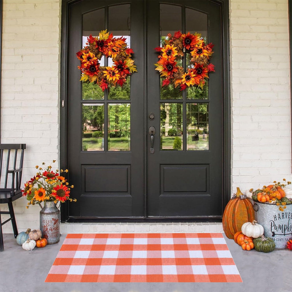 Clearance! 2024 New Halloween Fall Outdoor Rug Orange Plaid Outdoor Rug Hand, Woven Check Rug Layered Doormats for Front Door/Front Porch/Farmhouses/Entryway/Patio