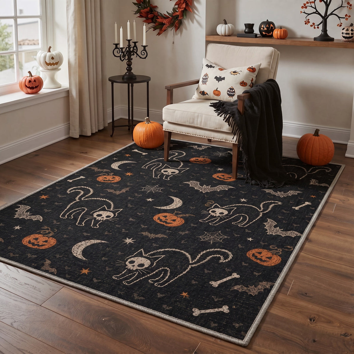 GENIMO 5'x7' Halloween Area Rug for Living Room, Washable Non Slip Soft Farmhouse Pumpkin Indoor Rug for Bedroom Dining Room Home Office, Vintage Sepia