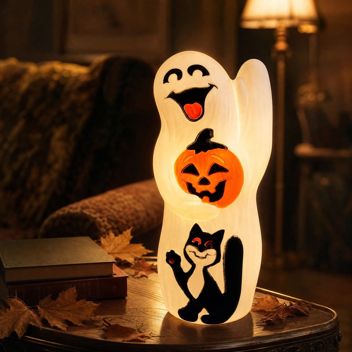 Halloween Lighted Vintage Patchwork Ghost, Blow Mold Ghost with Black Cat and Pumpkin LED Lamp, Festival Tabletop Decoration, Fall Home Decor and Table Ornament