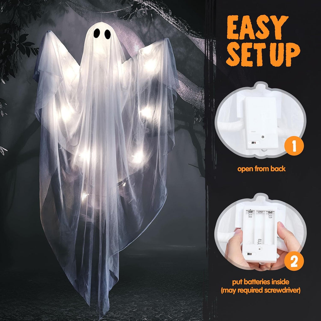 Ayieyill Halloween Ghost Decor with Warm White LED Light, 47” Light up Hanging Ghost Halloween Yard Porch Decorations Outdoor