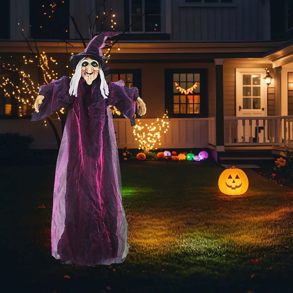 EWSFHUI 71" Life Size Hanging Talking Witch, Sound Activation and Red Eye Animated Witch Indoor Outdoor Halloween Decoration, Decor Prop