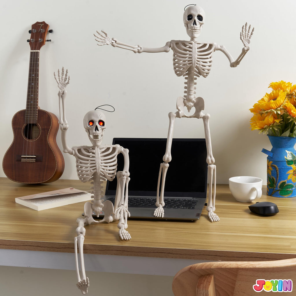 Joyfy 24 Inch Halloween Skeleton Decor with LED Light Eyes,Posable Skeleton Halloween Prop Full Body with Movable Joints for Haunted House Indoor Outdoor Decoration Spooky Decor