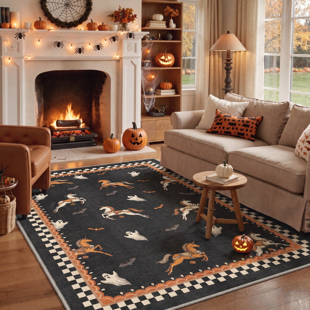 GENIMO 5'x7' Halloween Area Rug for Living Room, Washable Non Slip Soft Farmhouse Pumpkin Indoor Rug for Bedroom Dining Room Home Office, Vintage Sepia