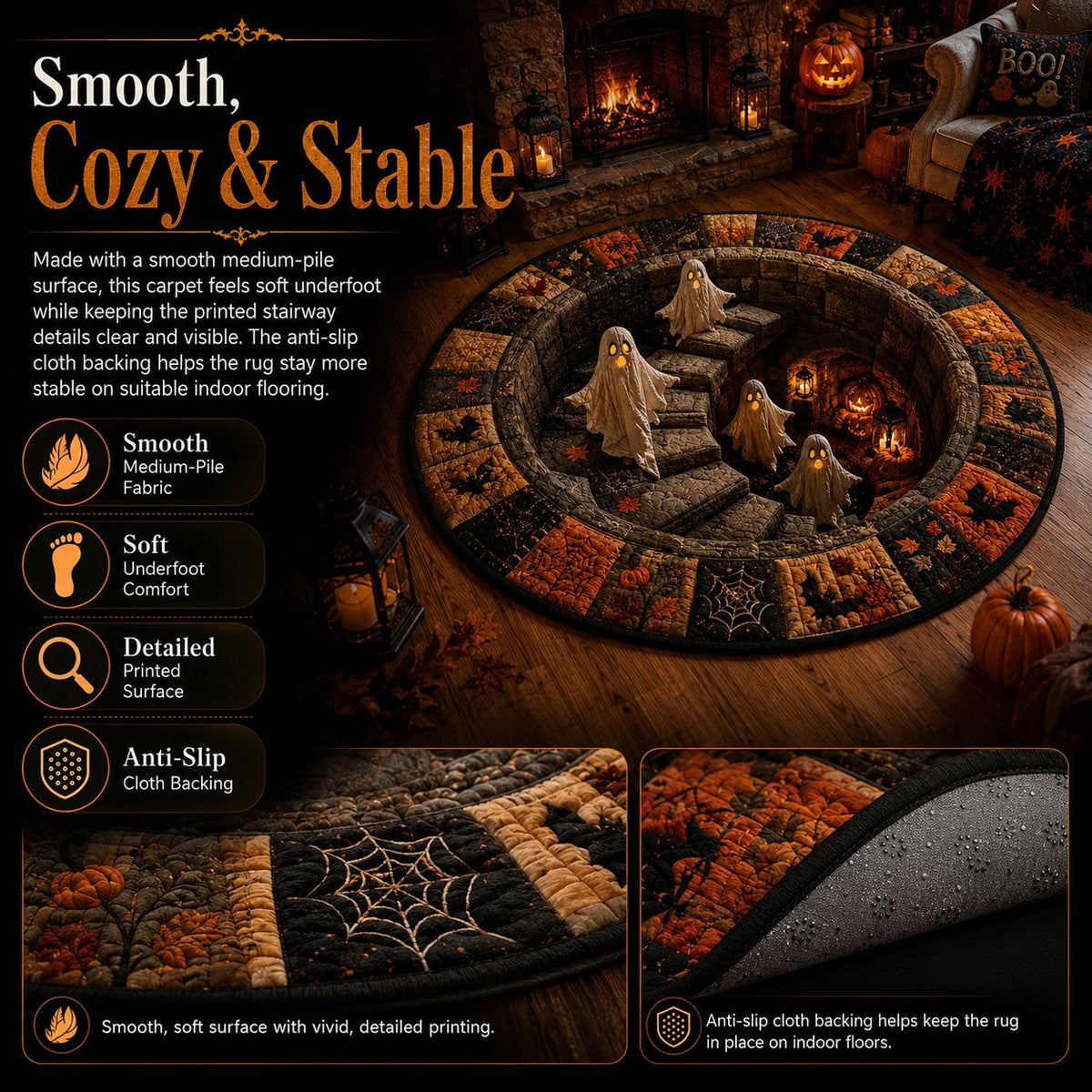 Halloween Staircase Optical Illusion Round Rug, Spooky 3D Floor Mat with Ghosts Pumpkins, Soft Non-Slip Carpet for Living Room Entryway – 4 Sizes