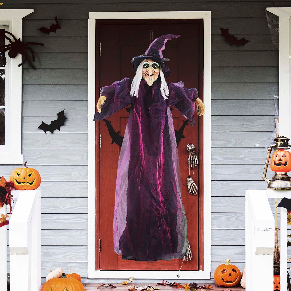 EWSFHUI 71" Life Size Hanging Talking Witch, Sound Activation and Red Eye Animated Witch Indoor Outdoor Halloween Decoration, Decor Prop