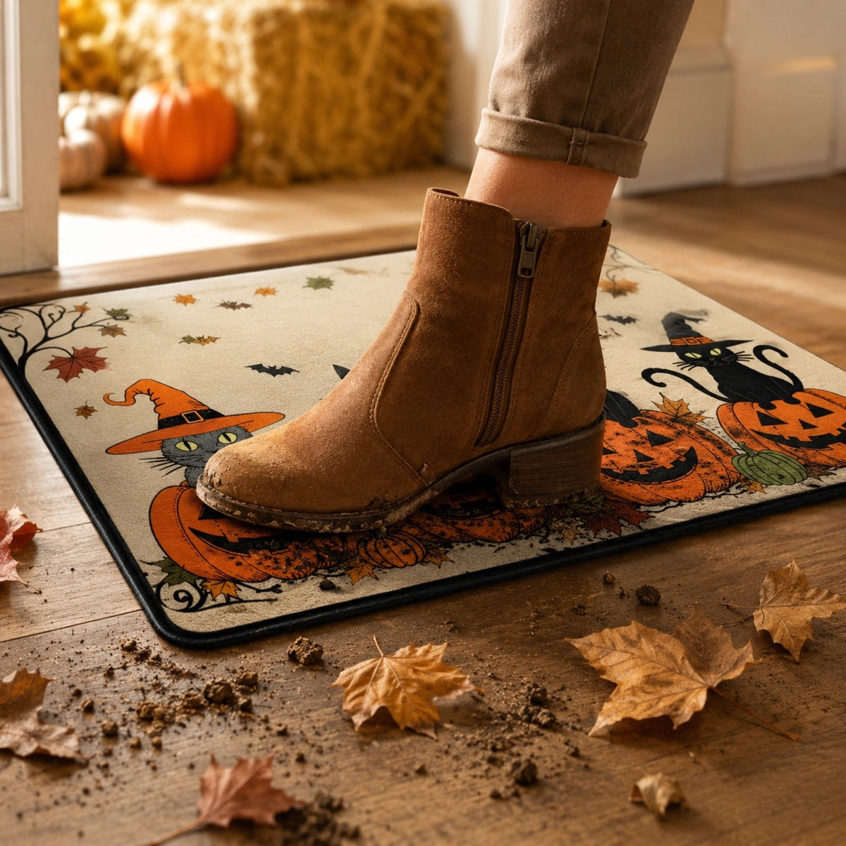 Halloween Black Cat Doormat, 23.6x15.7 Inch Spooky Pumpkin Floor Rug, Non-Slip Seasonal Entryway Mat for Front Door Porch & Indoor Decor
