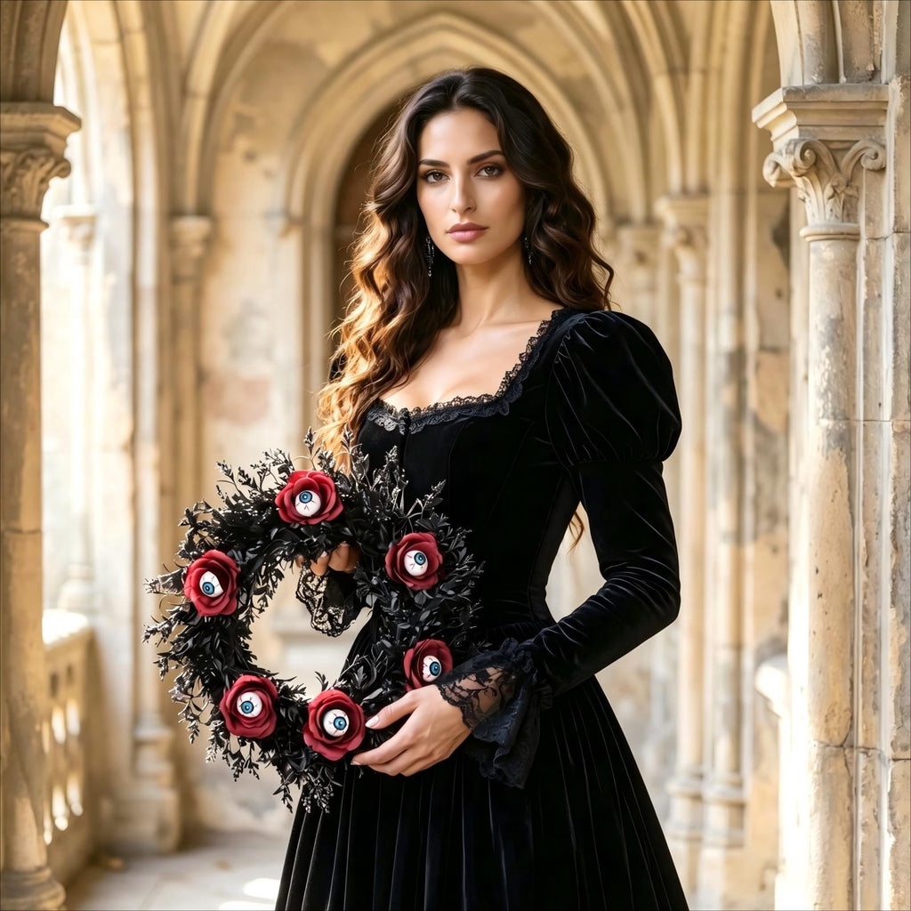 Gcvizuso Halloween Wreath with LED Light String, Purple Rose Black Crow Oval Spooky Twig Wreath for Front Door Window Fireplace Decor