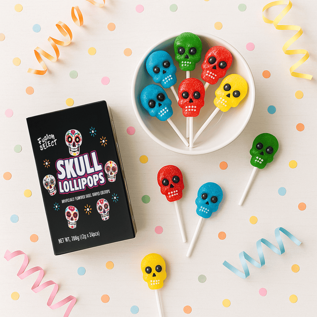 Fusion Select 24 Pcs Sugar Skull Lollipops - Colorful Halloween & Day of the Dead Candy - Individually Wrapped Novelty Treats for Kids - For Trick or Treat, Themed Party Favors & Celebrations