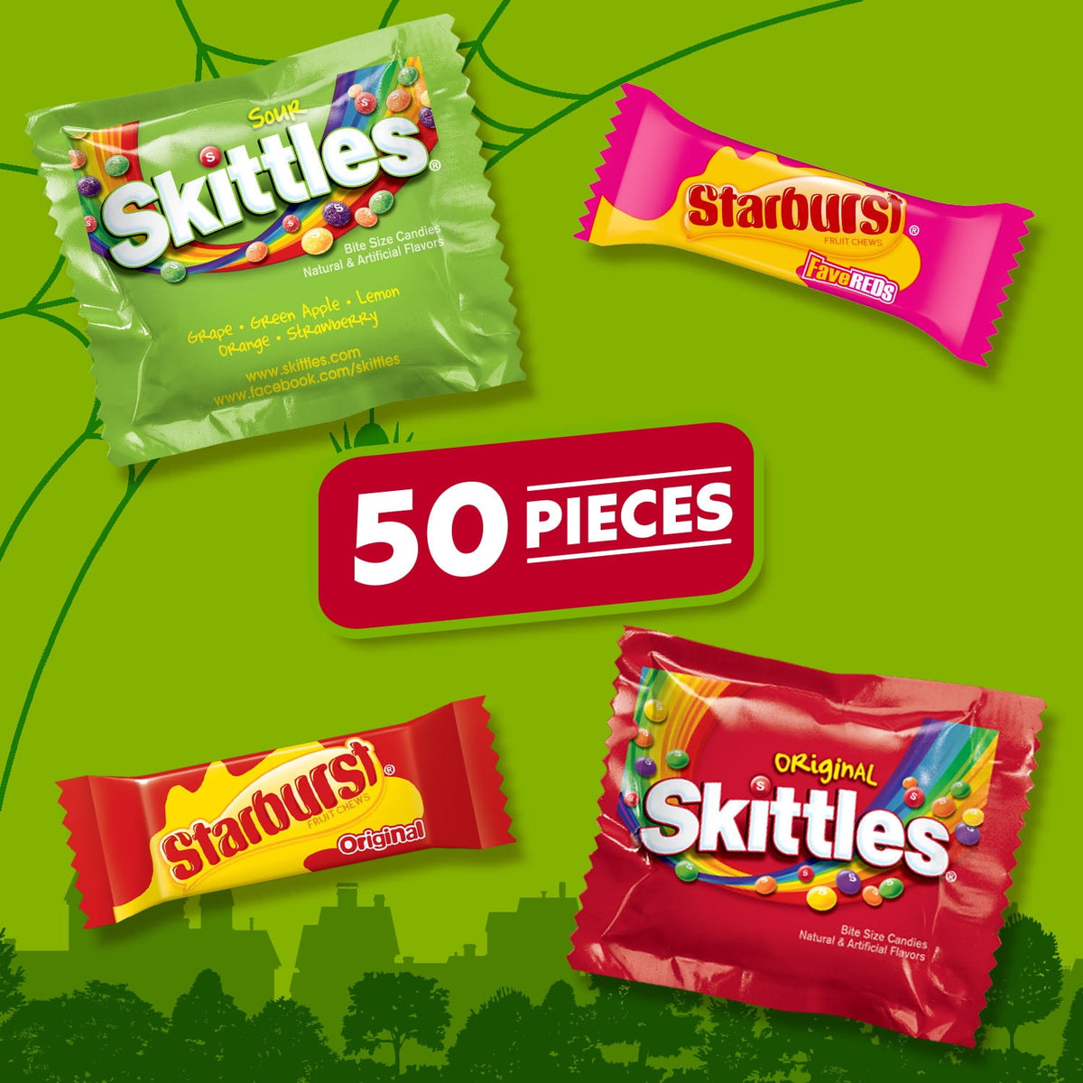 Skittles, Skittles Sours, Starburst, and Starburst FaveREDS Halloween Candy - 50 Ct Bulk Bag