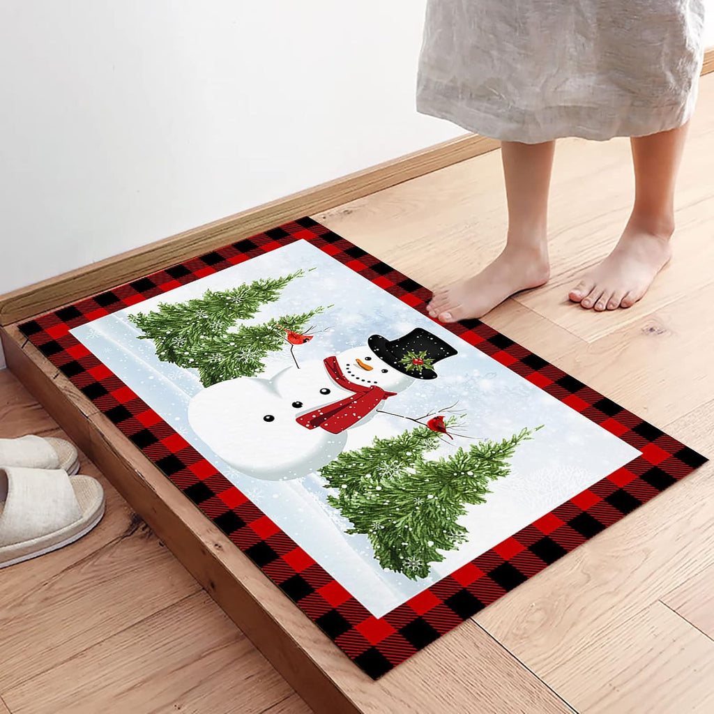 Christmas Snowman Trees Entrance Door Mat, Red Plaid Low Profile Tradition Christmas Decor Welcome Doormat, Non-Slip Carpet Rugs Floor Mat Decorative for Home/Bathroom/Kitchen - 20"x31.5"