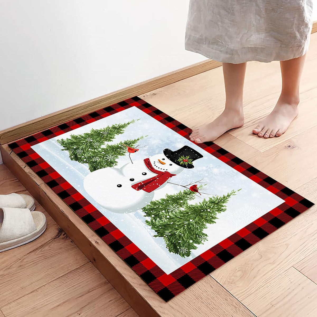 Christmas Snowman Trees Entrance Door Mat, Red Plaid Low Profile Tradition Christmas Decor Welcome Doormat, Non-Slip Carpet Rugs Floor Mat Decorative for Home/Bathroom/Kitchen - 20"x31.5"
