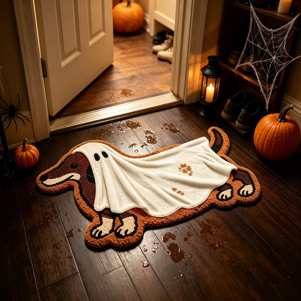 Halloween Dachshund Doormat, Ghost Dachshund Floor Mat, Cute Halloween Dog Rug, Non Slip Entryway Door Mat for Indoor Front Door Halloween Decorations